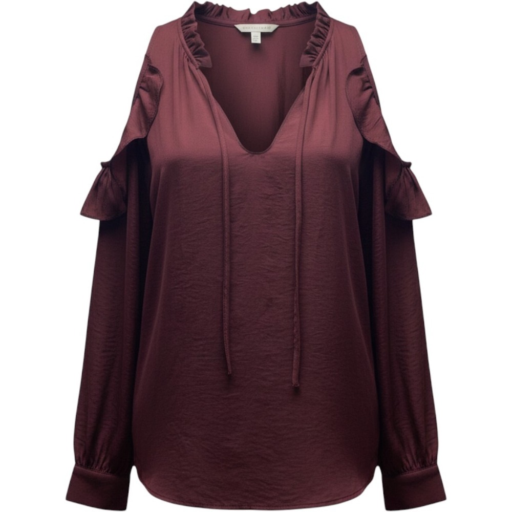 Miss Me Burgundy Cold Shoulder Ruffle V-Neck Blouse Cowgirl Western Women S